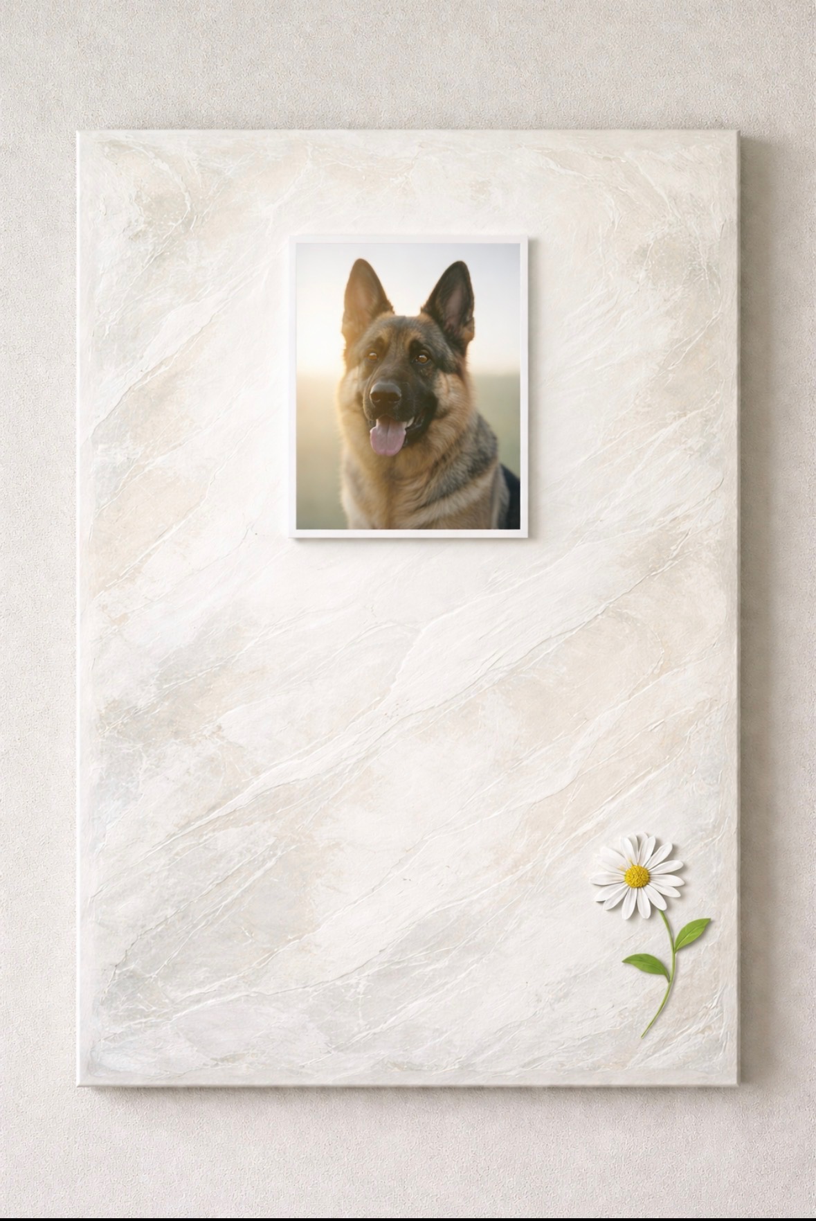 Ash & Earth memorial panel — ivory plaster with raised German Shepherd portrait and daisy embellishment