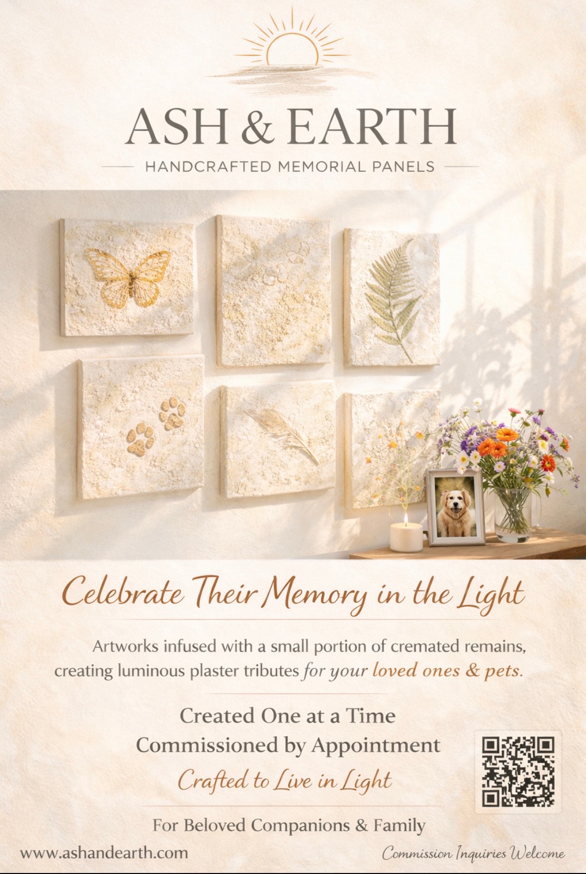 Collection of Ash & Earth memorial panels displayed on a warm wall — botanical designs, paw prints, and nature motifs