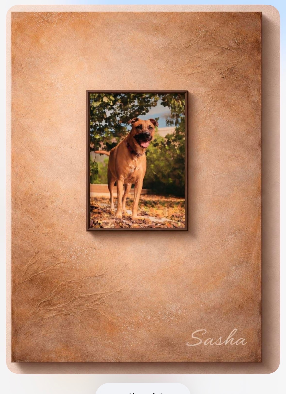 Ash & Earth memorial panel — warm amber plaster with a raised photo of Sasha — Ash & Earth memorial panel