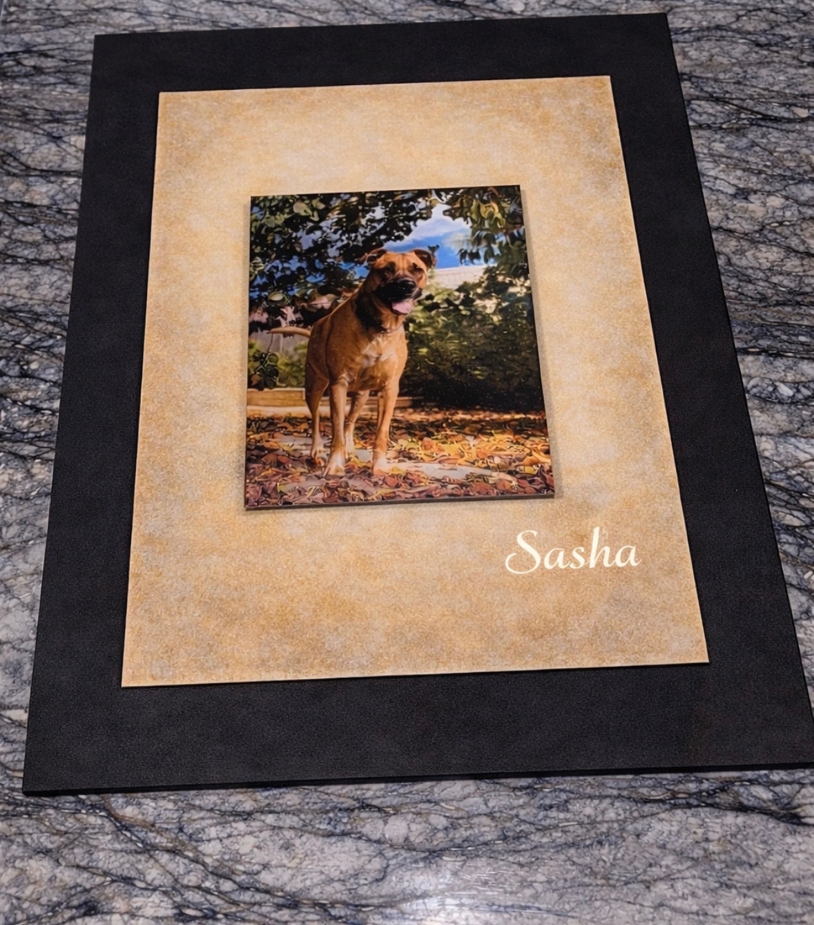 Pet memorial panel in progress in Ash & Earth studio — plaster board with printed photo and ashes package